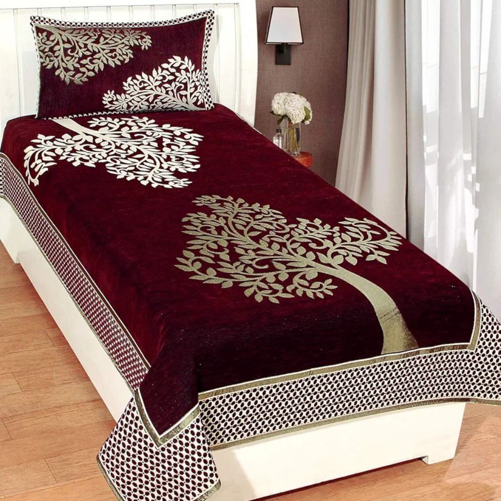 Fresh From Loom Chenille Floral 500 TC Heavy Bedsheet for Single Bed Size Wine Color with 1 Pillow Covers