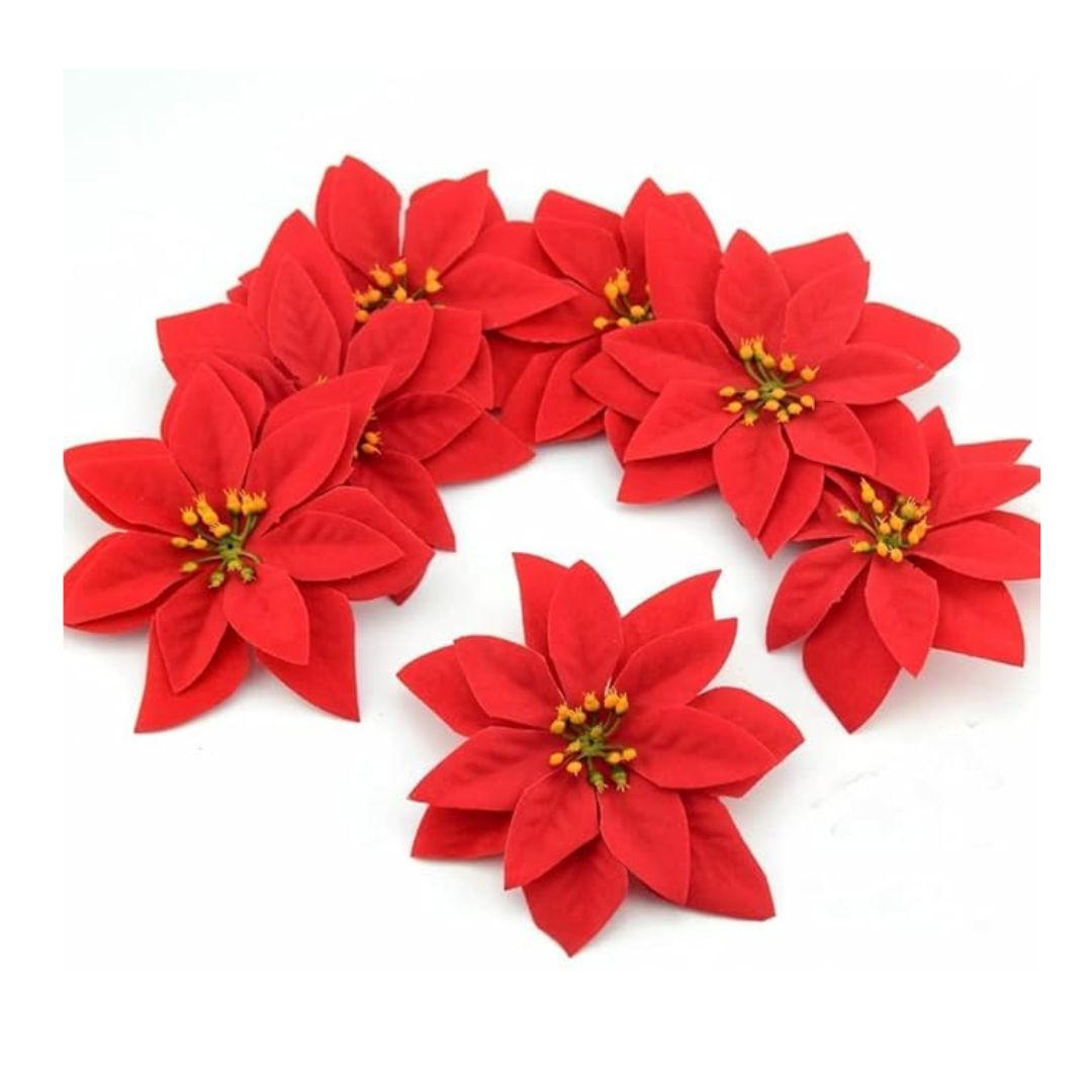 12pcs Christmas Poinsettias Red Velvet Decorative Artificial Flowers Red (Pack of 12)