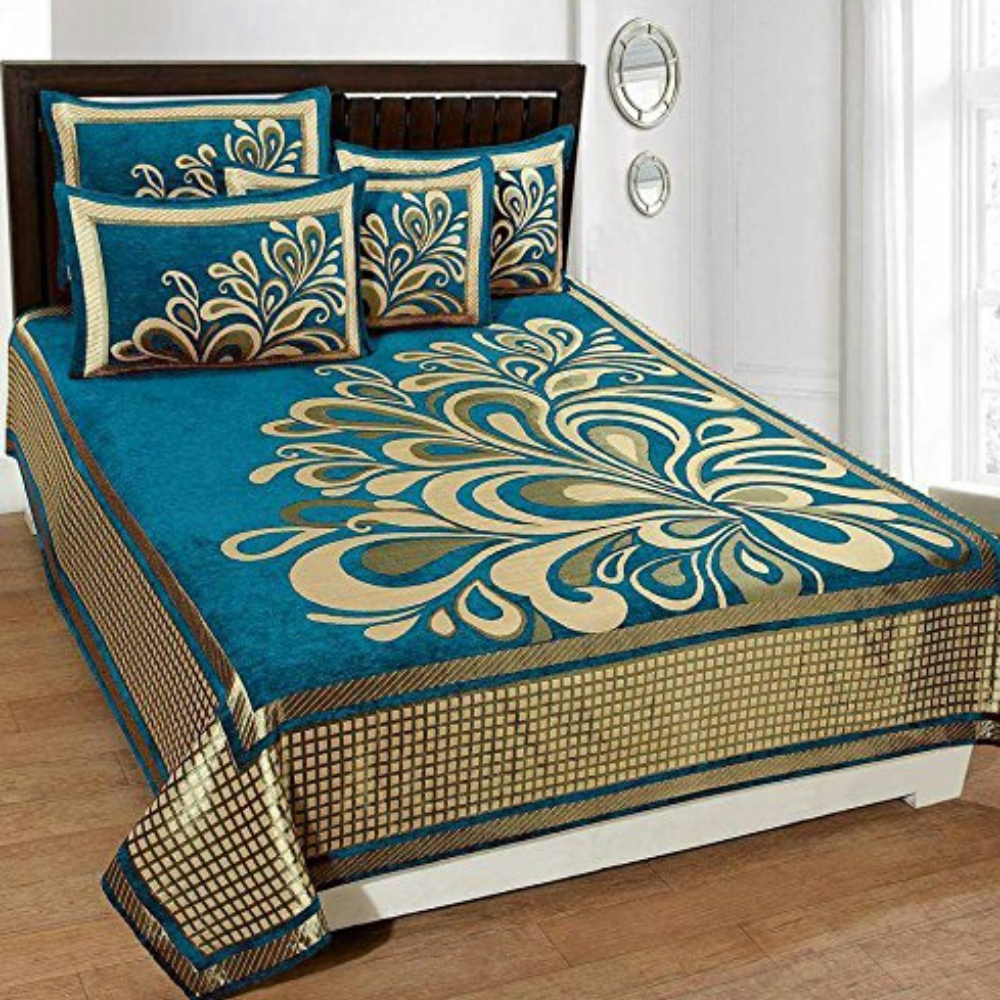 Fresh From Loom Chenille Velvet 500 TC Double Bed King Size Floral Bedsheet With 2 Pillow Cover Rangoli Aqua