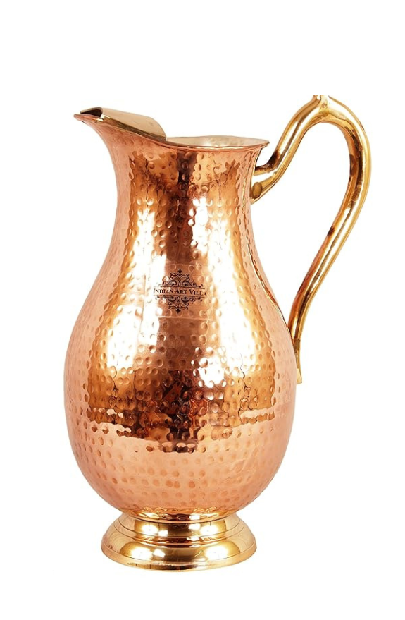 Indian Art Villa Pure Copper Hammered Jug With Brass Handle Mughlai Style Pitcher