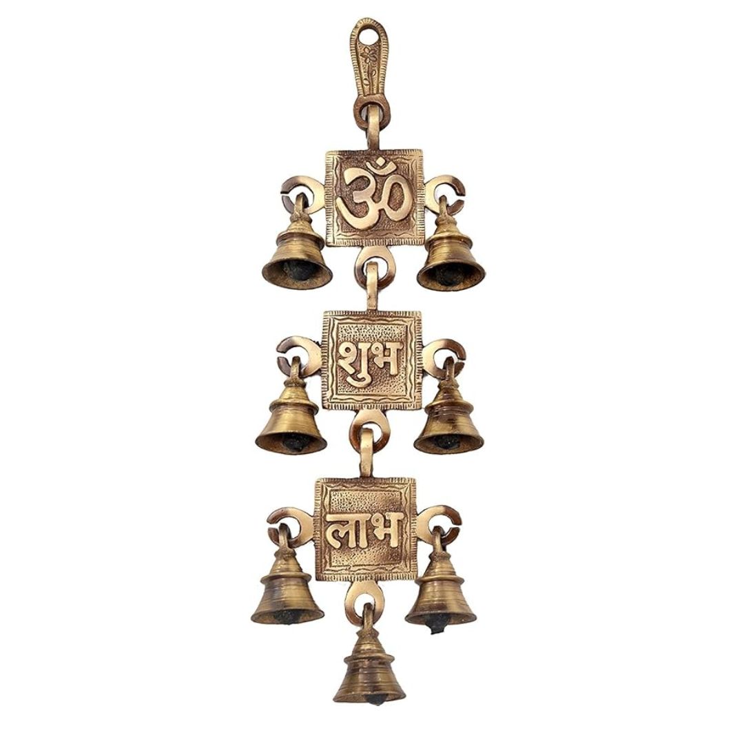 Two Moustaches Om Shubh Labh Design Brass Hanging Bells