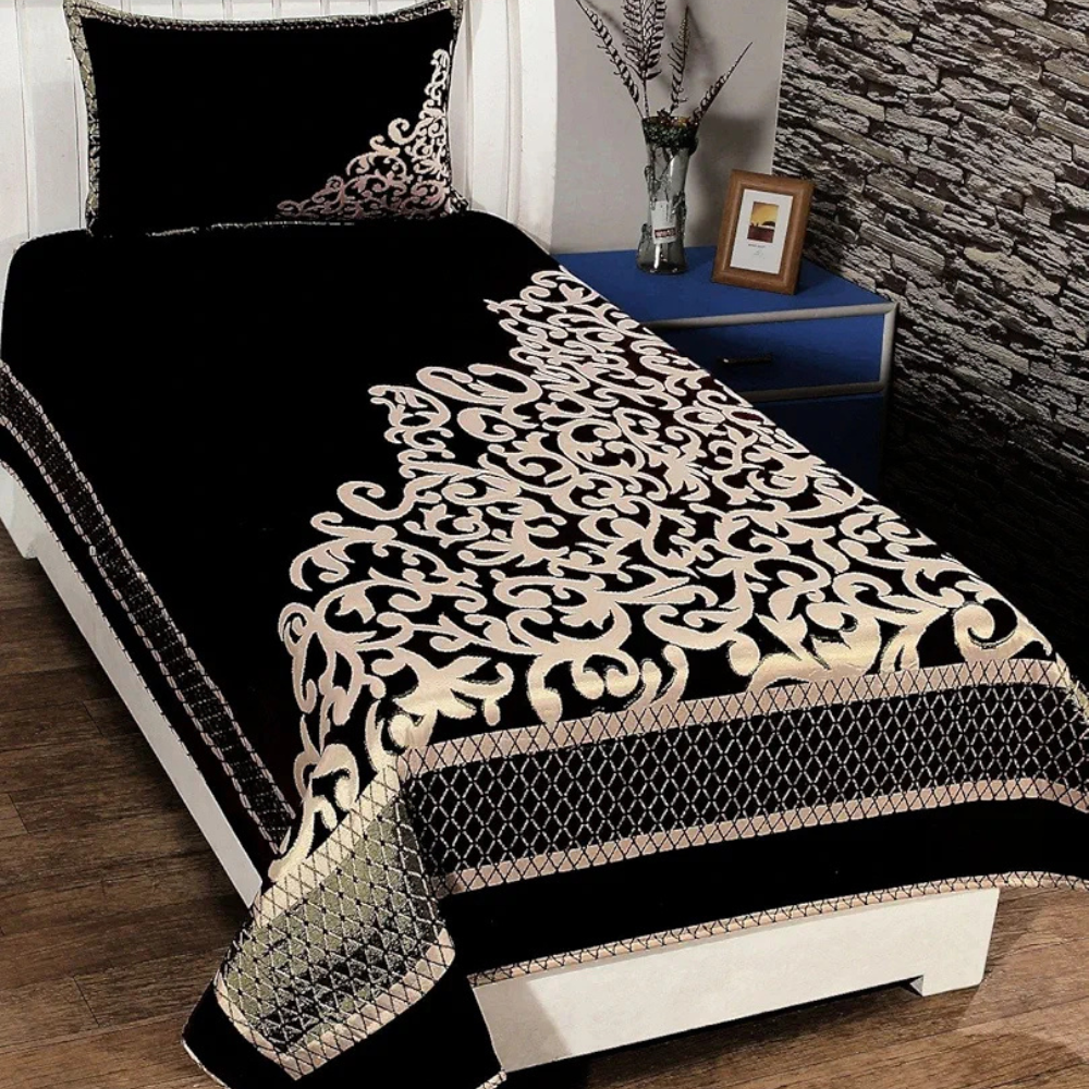 Fresh From Loom Chenille Floral 500 TC Heavy Bedsheet for Single Bed Size Black Color with 1 Pillow Cover
