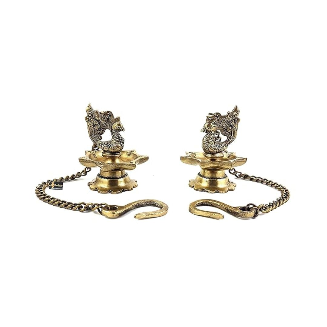 Two Moustaches Brass Peacock Carved Hanging Diya Set Antique Yellow -Pack of 2