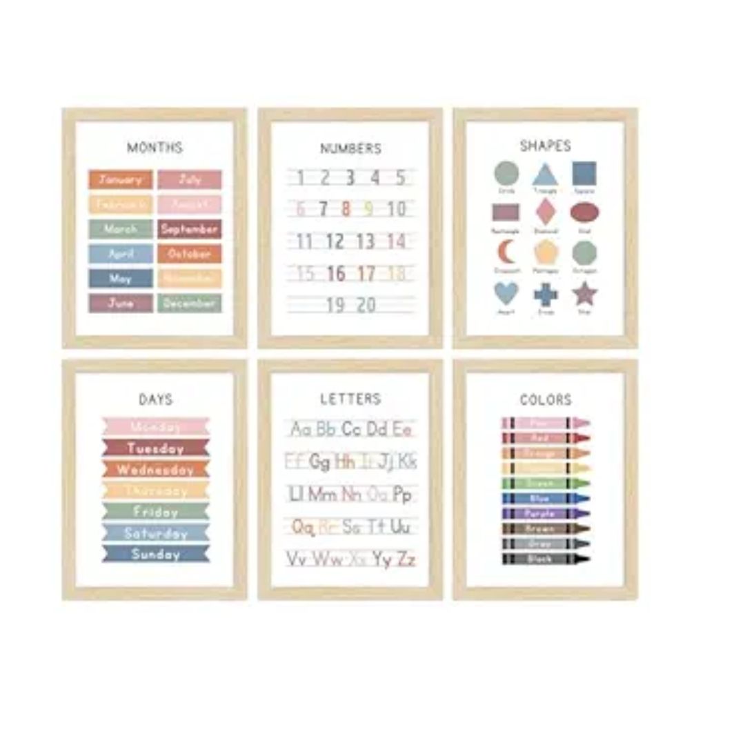 ArtX Paper Educational-01 Alphabets Numbers Colors Shapes Days Months Framed Wall Posters Kids Room Wall Frame Set Of 6