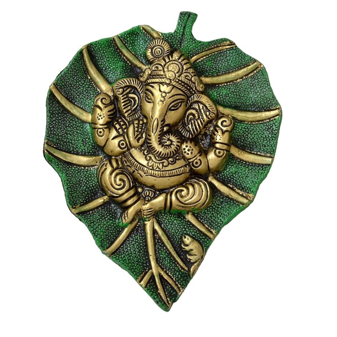 Two Moustaches Decorative Leaf Ganesha on Patta Metal Wall Hanging Showpiece Green & Golden Standard