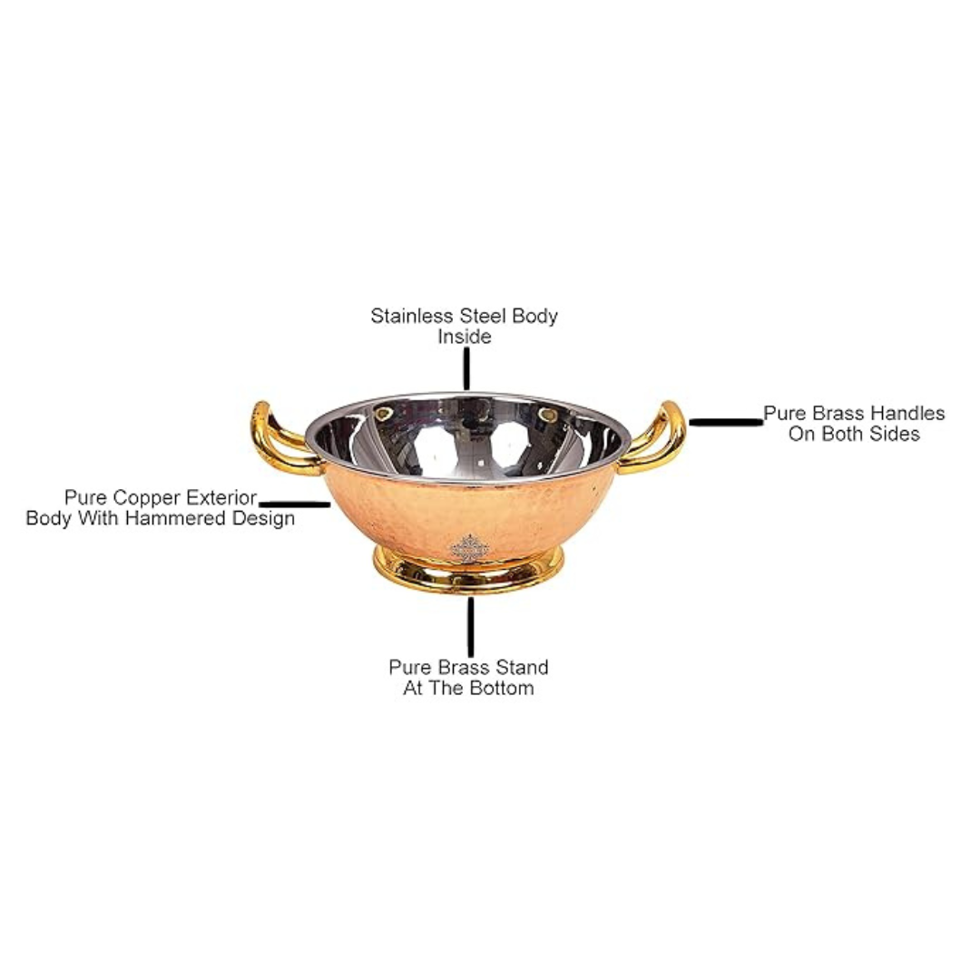 Indian Art Villa Steel Copper Hammered Design Kadhai Wok With Brass Bottom & Handles