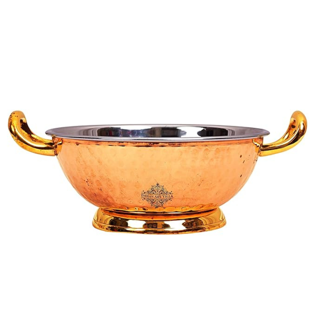Indian Art Villa Steel Copper Hammered Design Kadhai Wok With Brass Bottom & Handles