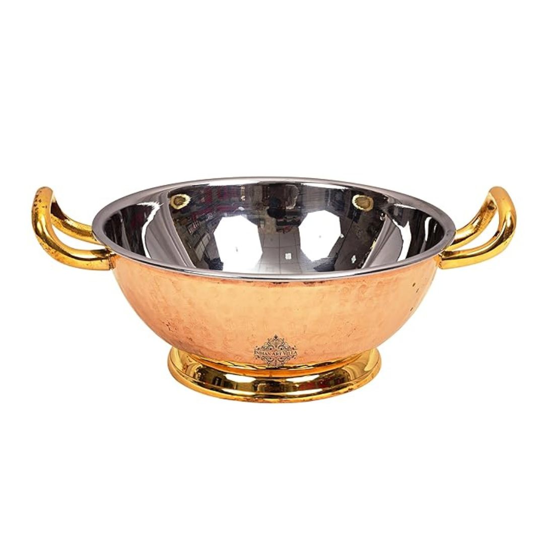 Indian Art Villa Steel Copper Hammered Design Kadhai Wok With Brass Bottom & Handles