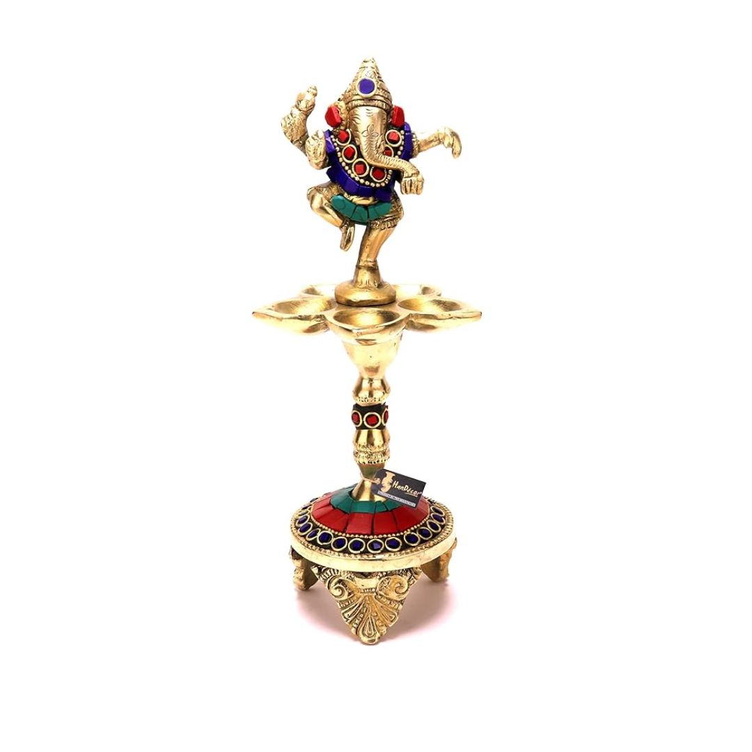 Two Moustaches Gemstone Work Dancing Ganesha Over Ethnic Legs Five Oil Wick Brass Diya