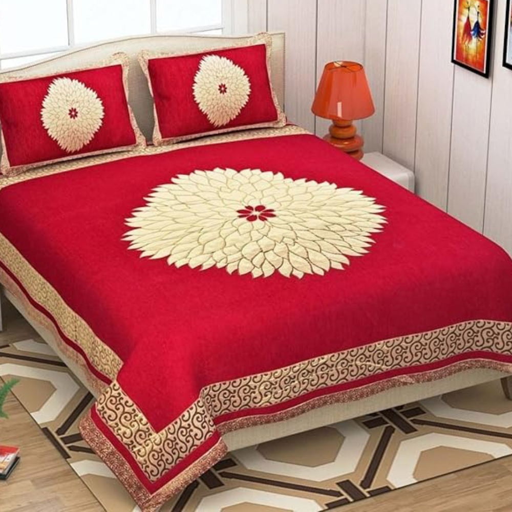 Fresh From Loom Chenille Velvet Floral 500 TC Heavy Bedsheet for Double Bed King Red Color with 2 Pillow Covers Dahila Red