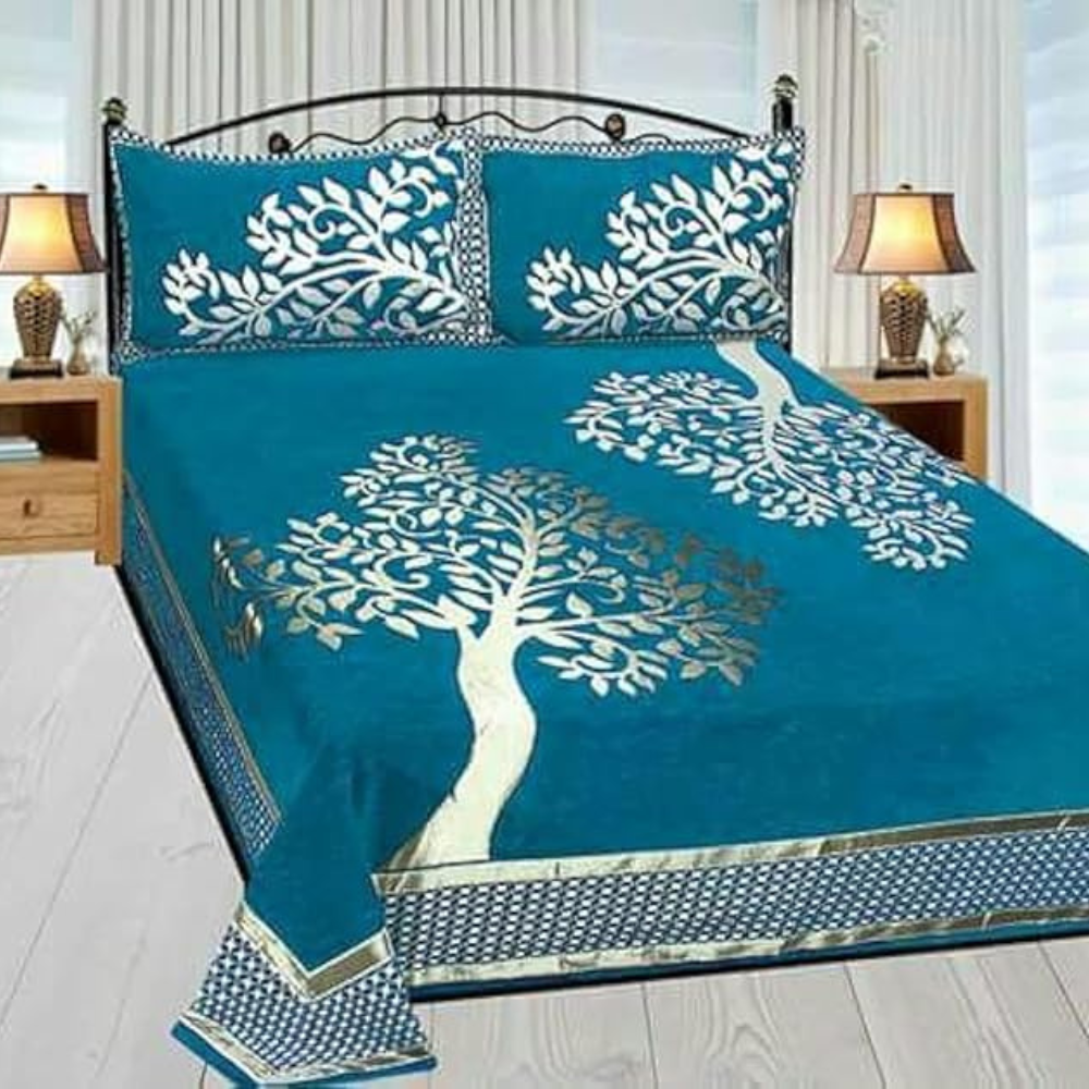 Fresh From Loom Chenille Velvet Floral 500 TC Heavy Bedsheet for Double Bed King Aqua Color with 2 Pillow Covers Tree SkyBlue