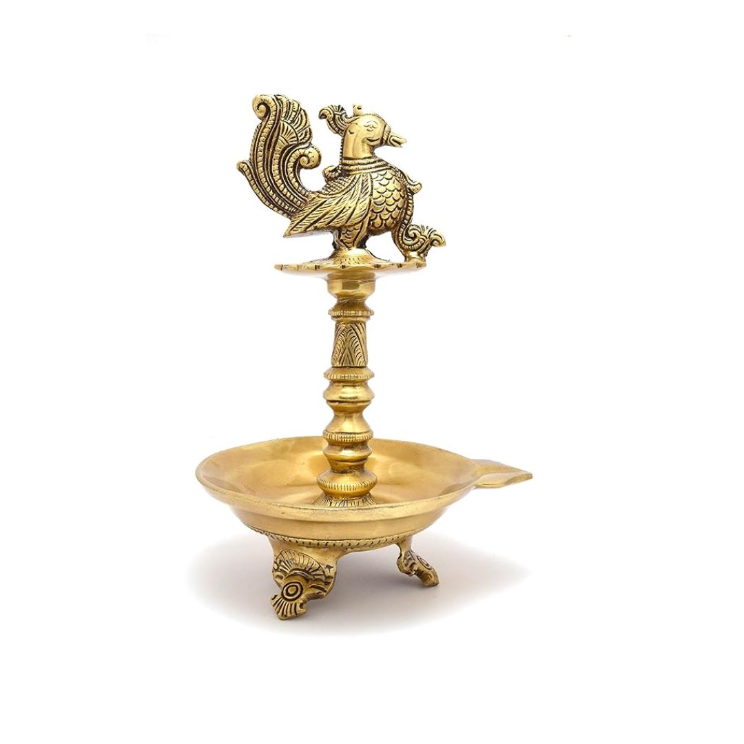 Two Moustaches 9 Inches Brass Peacock Design Oil Diya with Base