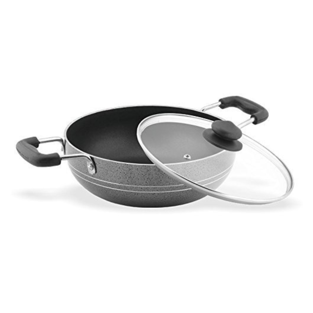 Sumeet Nonstick Aluminum Deep Kadhai with Glass Lid (2 L Silver Black)