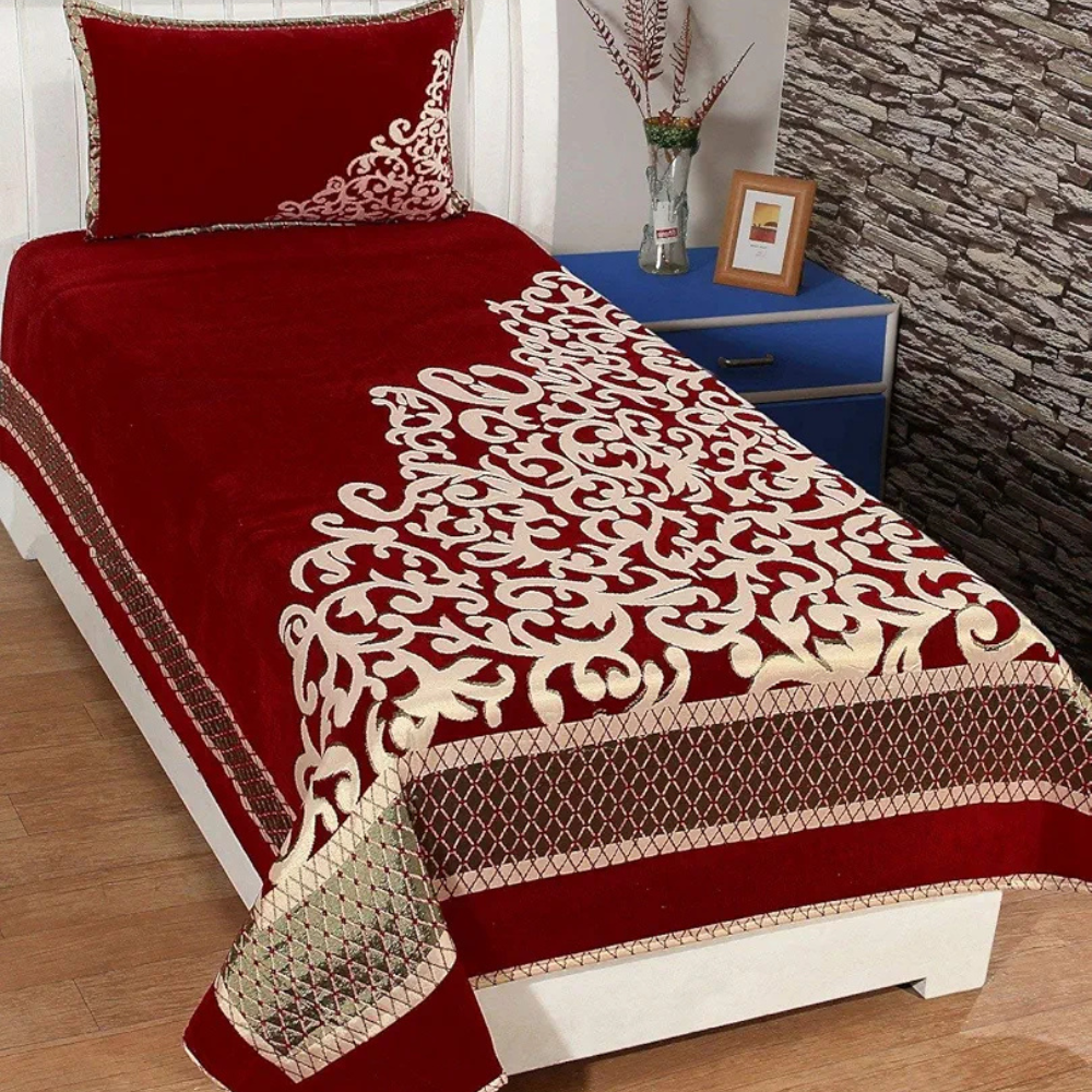 Fresh From Loom Chenille Floral 500 TC Heavy Bedsheet for Single Bed Size Maroon Color with 1 Pillow Cover