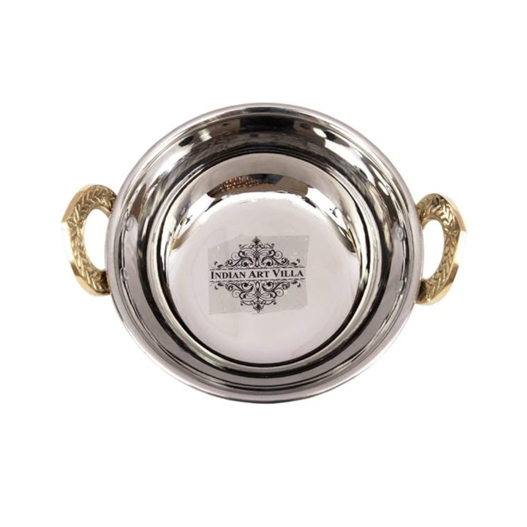 Indian Art Villa Handmade Steel Karahi Wok Serving Kadhai with Brass Handle - 492 gms