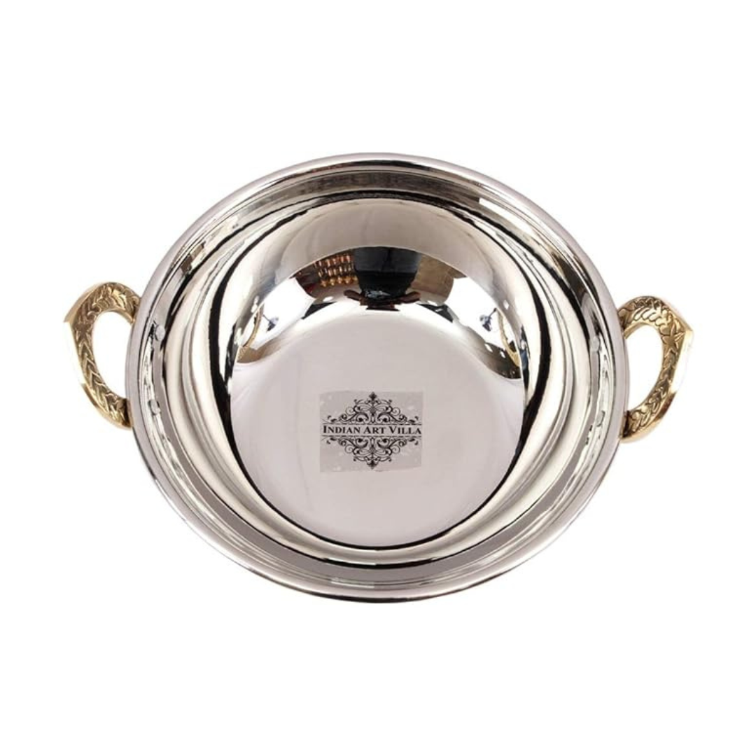 Indian Art Villa Handmade Steel Kadhai Karahi Wok With Brass Handle - 615 gms