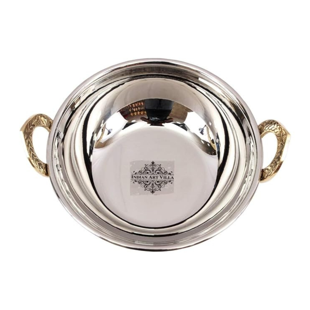 Indian Art Villa Handmade Steel Kadhai Karahi Wok With Brass Handle - 730 gms