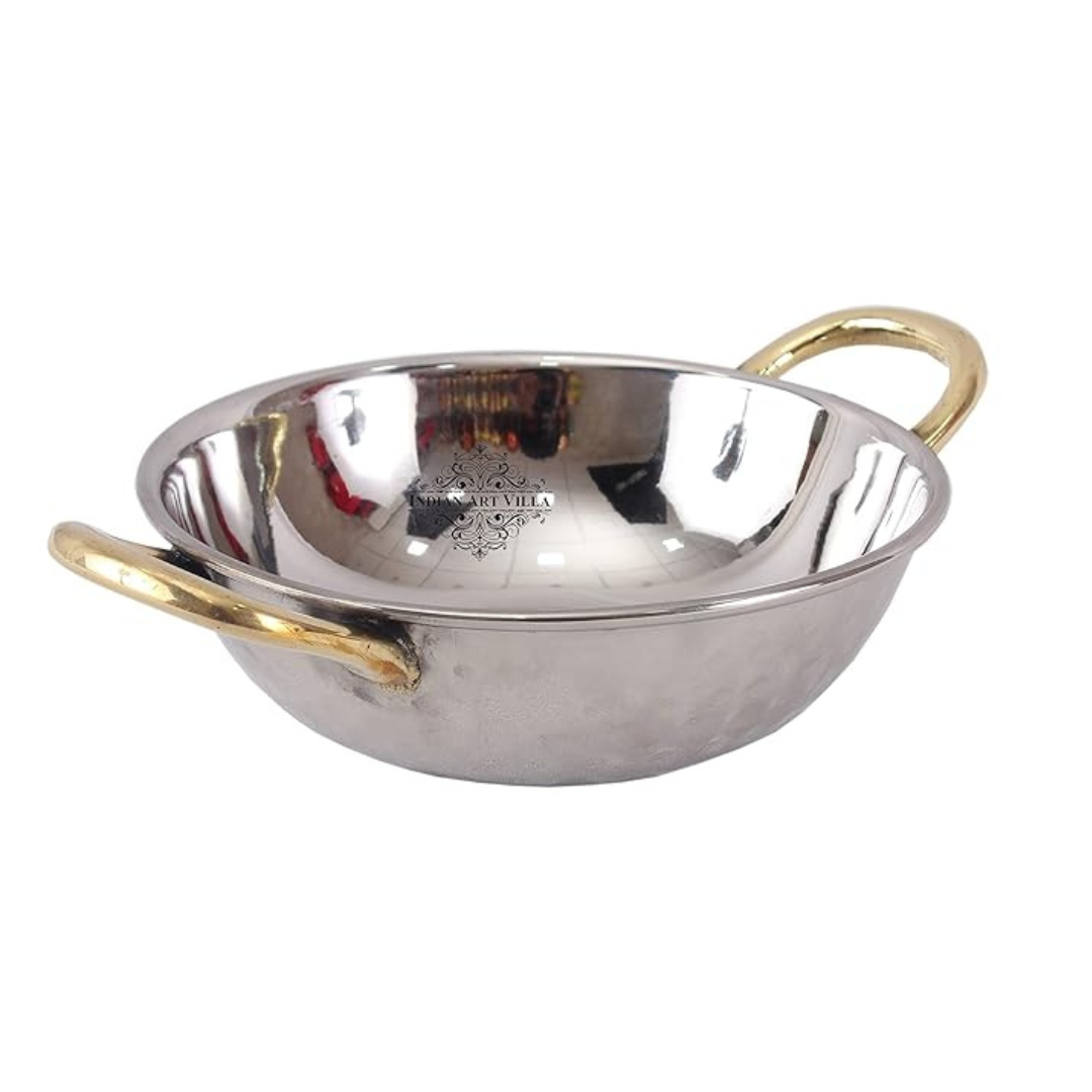 Indian Art Villa Steel Kadhai Wok Brass Handle 500 ml Capacity - 318 gms
