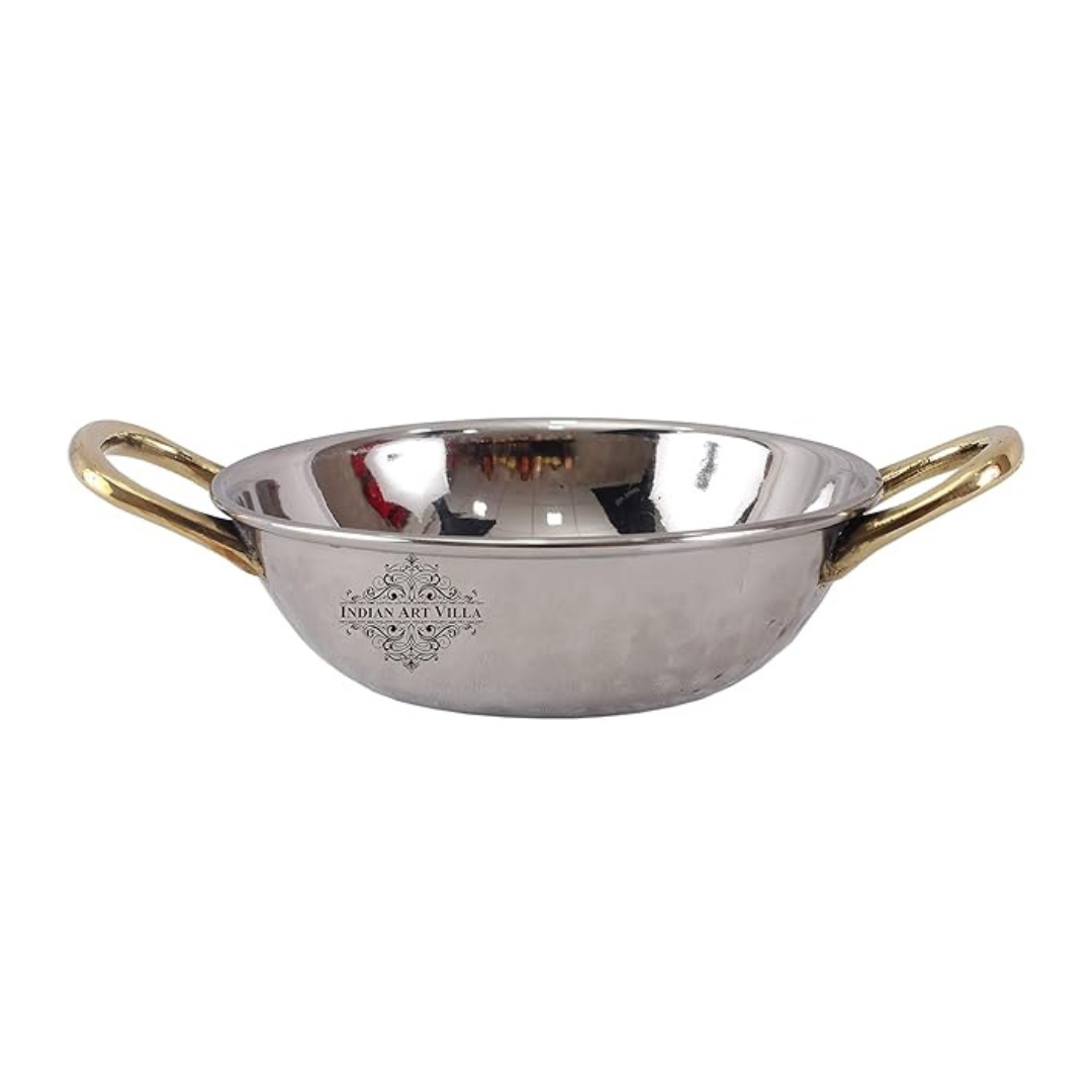 Indian Art Villa Steel Kadhai Wok Brass Handle 500 ml Capacity - 318 gms