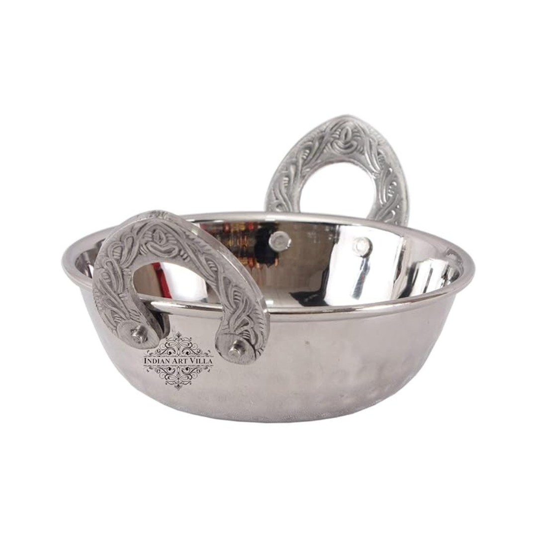 Indian Art Villa Set of 2 Steel Kadhai Kadai Wok with Embossed Handle 510 ml Each