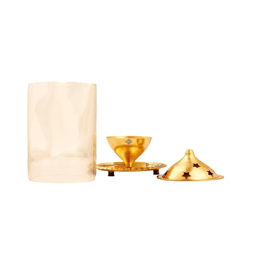 Indian Art Villa Brass Akhand Jyot Diya with Molded Glass and Plate for Diwali Gifts Item - 720 gms