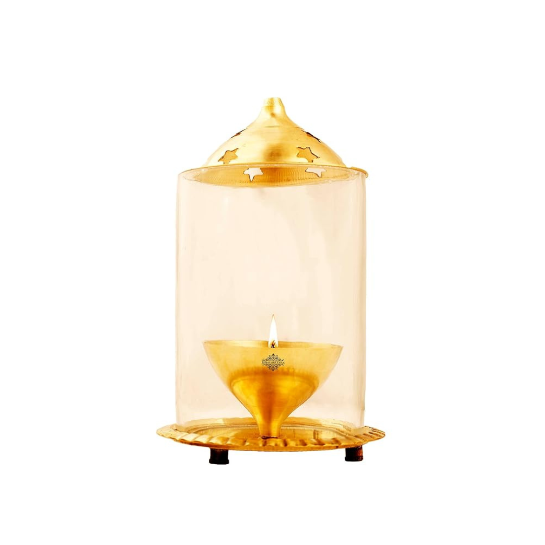Indian Art Villa Brass Akhand Jyot Diya with Molded Glass and Plate for Diwali Gifts Item - 720 gms