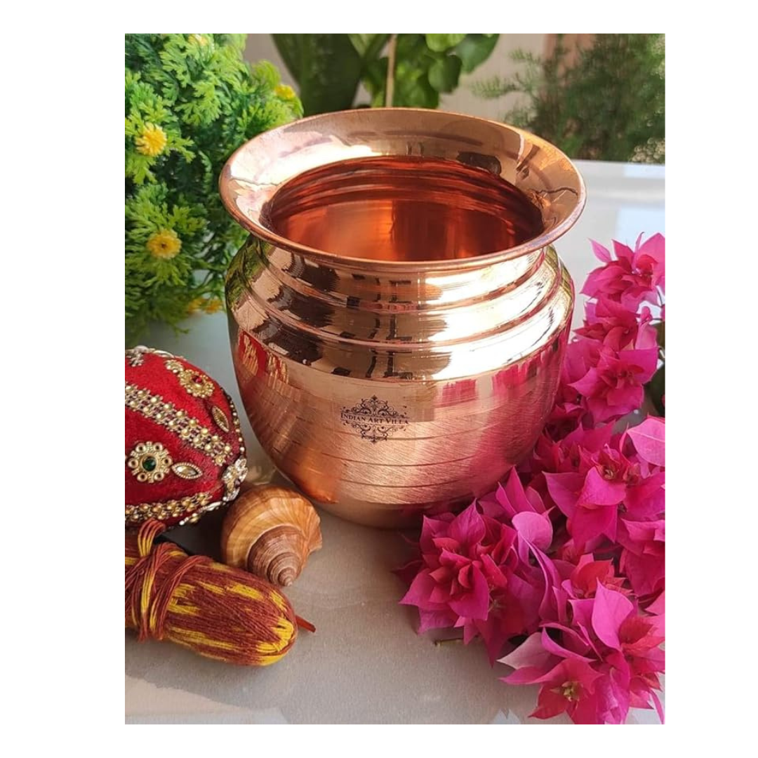 Indian Art Villa Pure Copper Pooja Kalash Lota with Layered Neck with Lining Design - 200 gms