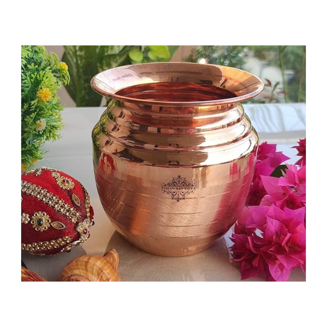 Indian Art Villa Pure Copper Pooja Kalash Lota with Layered Neck with Lining Design - 200 gms