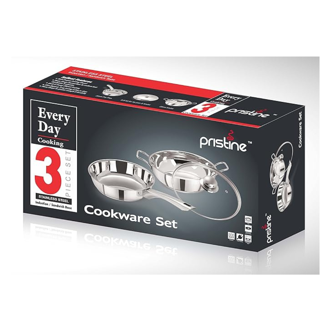 Pristine Induction Compatible Stainless Steel Sandwich Base Cookware Set Fry Pan & Kadai with Glass Lid