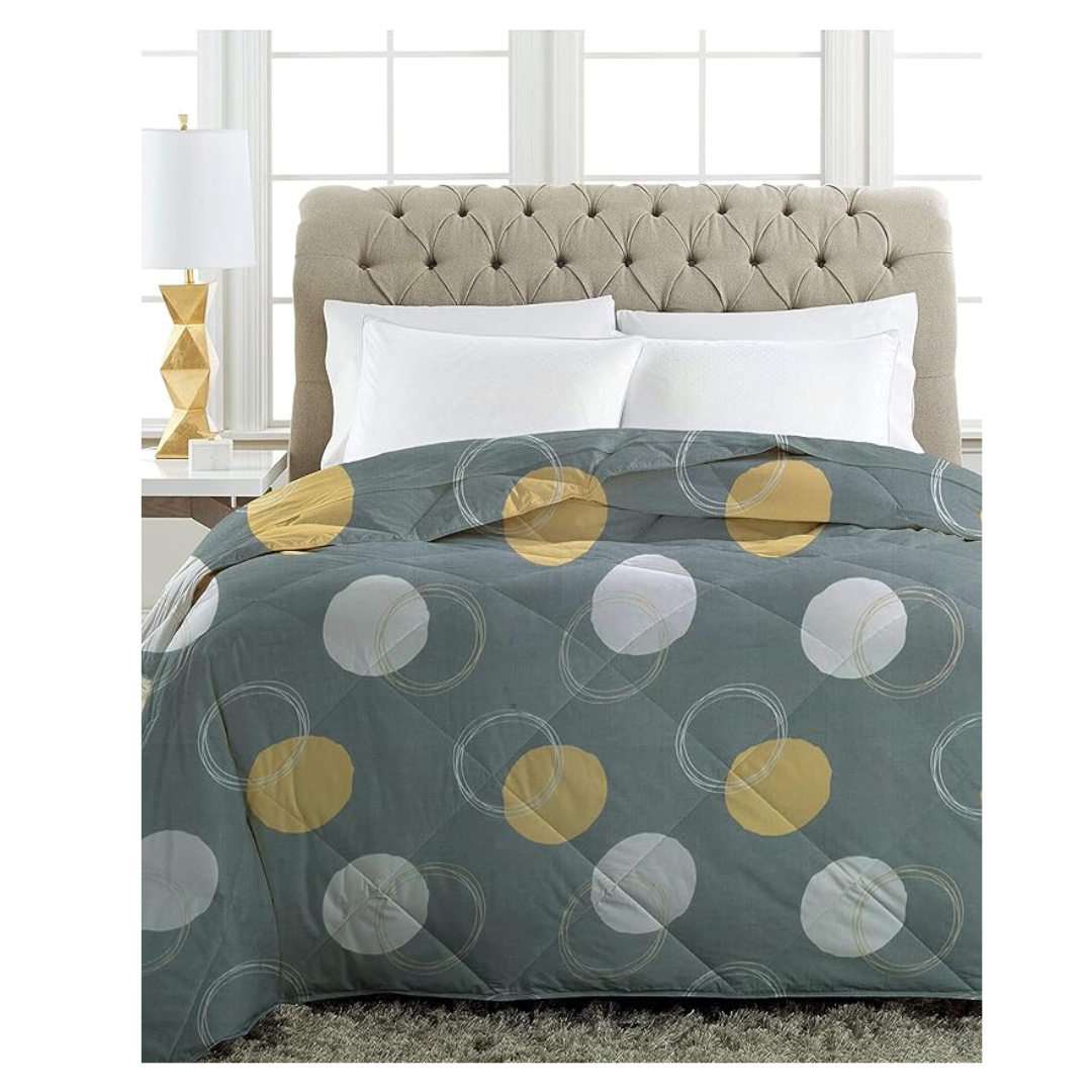 Bsb Home Beautiful Print Cotton Reversible Ac Comforter For Single Size Bed Polyfill Filled GreyYellow & White