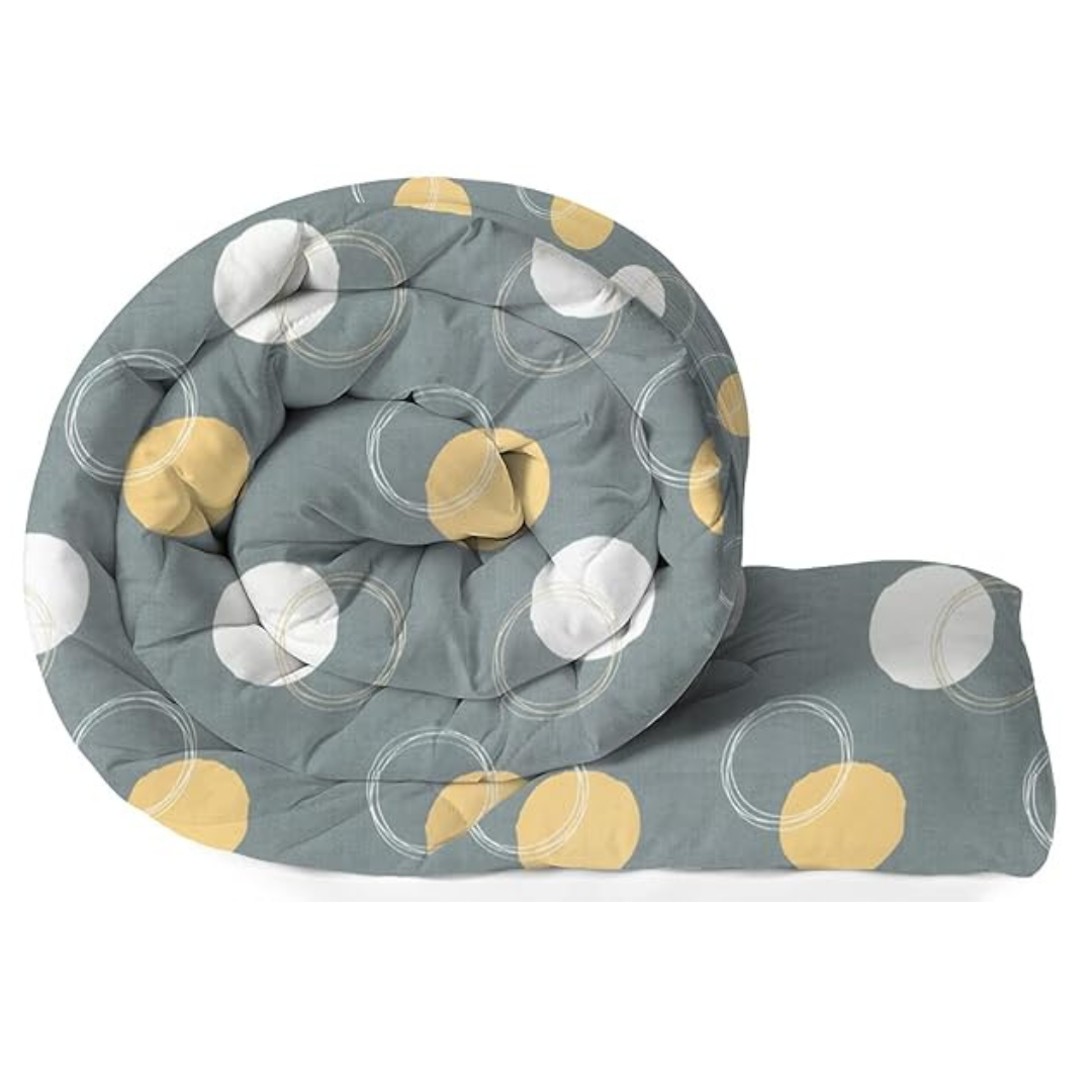 Bsb Home Beautiful Print Cotton Reversible Ac Comforter For Single Size Bed Polyfill Filled GreyYellow & White