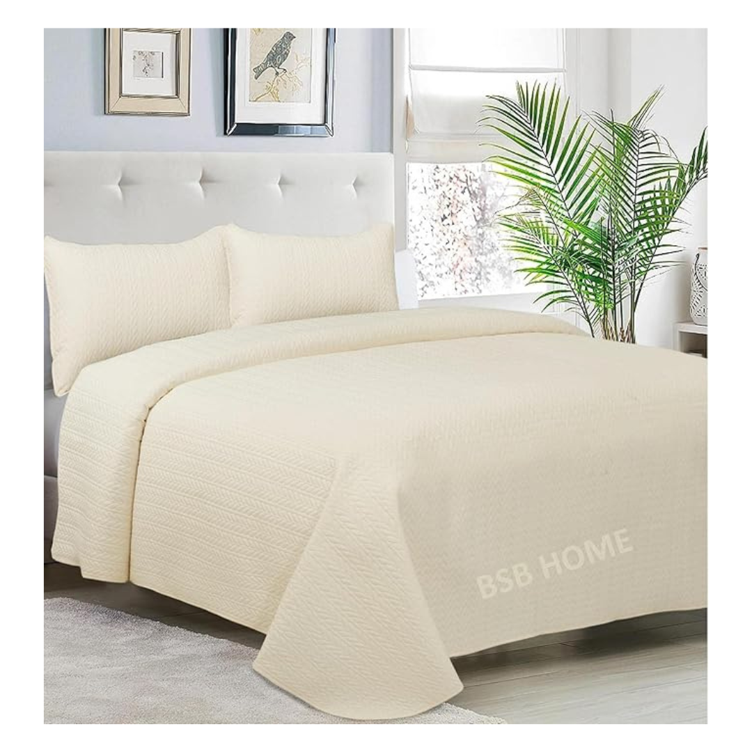 Bsb Home Microfiber Ultrasonic 280 Tc Solid King Size Quilted Bedsheet With 2 Pillow Covers Luxurious, Beige 90X100 Inches, 254X228 Cm)