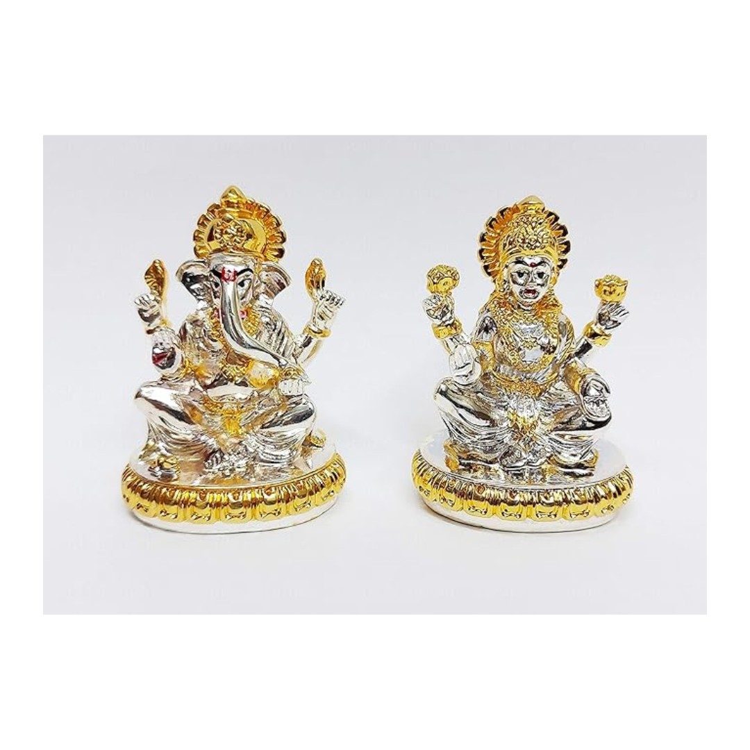 Gold Art India Gold and Silver Plated Laxmi Ganesha Pair Idol Laxmi Devi Gold and Silver Colour