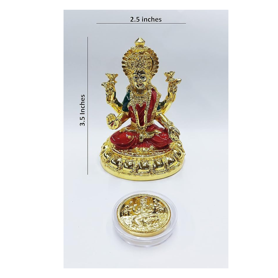 Gold Art India Round Base Laxmi Gold Plated Idol for Mandir Gold Plated Coin Lakshmi Ji Red Enamel Color