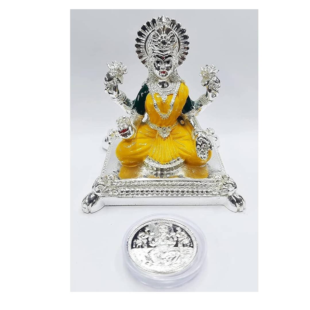 Gold Art India Pata Laxmi Silver Plated Terracotta Idol for Mandir Yellow Enamel Color Work with Silver Plated Coin Lakshmi Ji