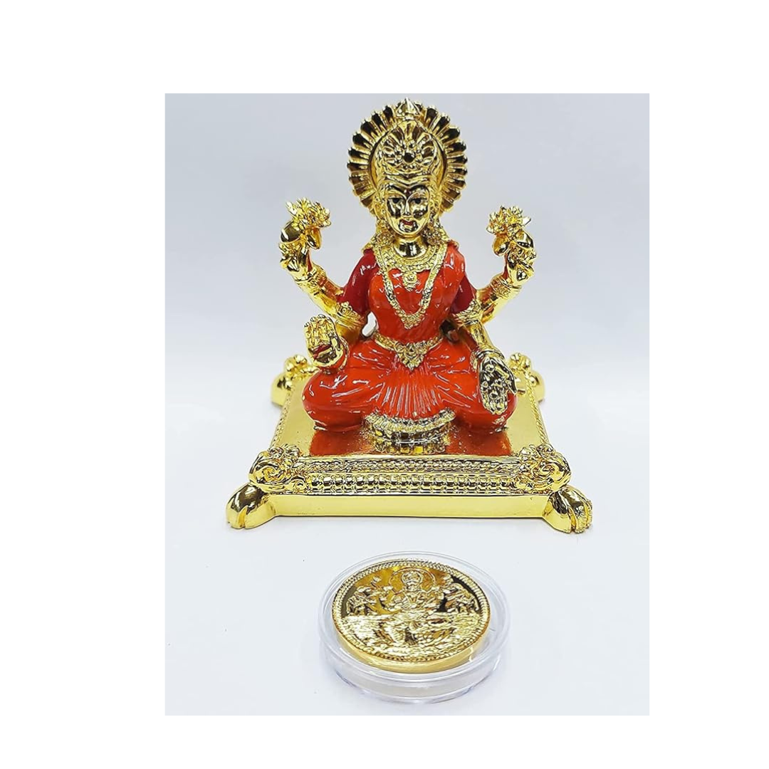 Gold Art India Pata Laxmi Gold Plated Idol for Mandir Orange Enamel Color Work with Gold Plated Coin