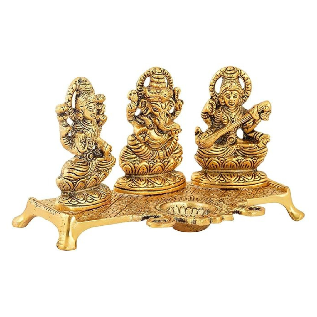 KridayKraft Laxmi Ganesh Saraswati Metal Idol Decorative Platter with Diya Gold