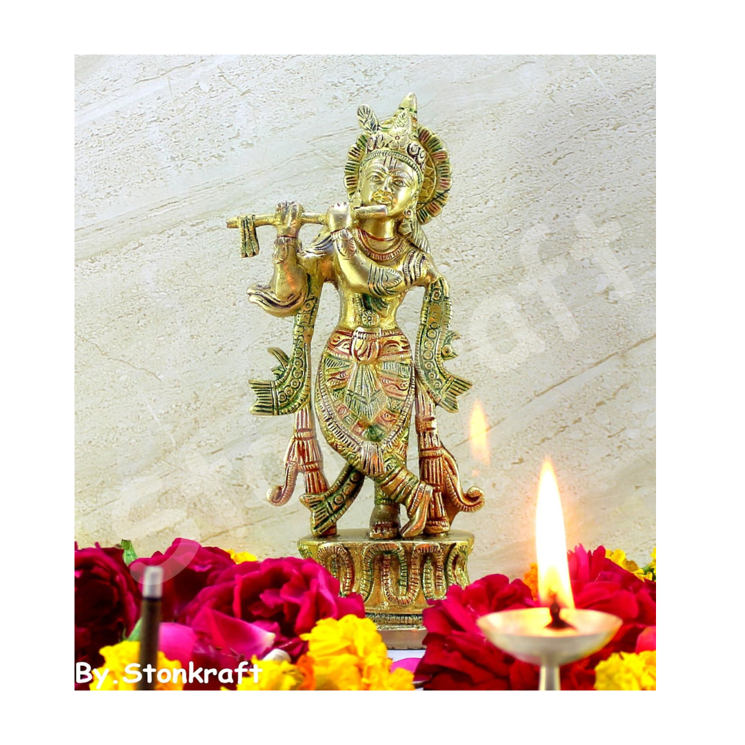 StonKraft - Brass Krishna Murti Idol Statue Sculpture