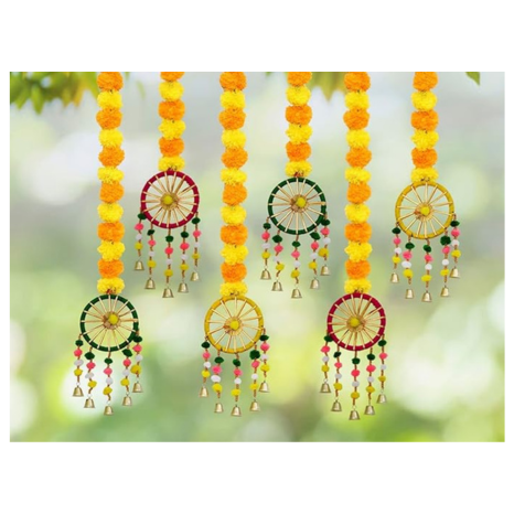 JH Gallery Handmade Artificial Marigold Fluffy Flowers with Ring Bell Hanging Latkan Toran for Home Pack of 6