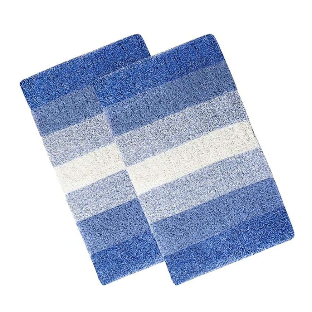 The Home Talk Cotton Stripes Bathmats Water Absorbent Runners Floor Mats Non-Slip Pack of 2  Beige Turquoise