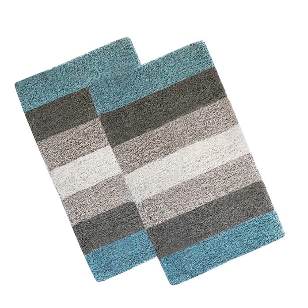 The Home Talk Cotton Stripes Bathmats Water Absorbent Runners Floor Mats Non-Slip Pack of 2  Beige Turquoise