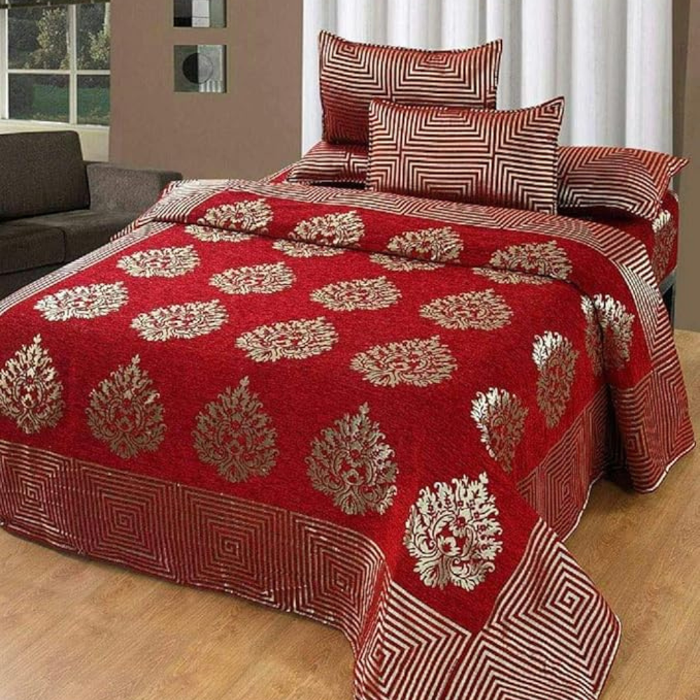 Fresh From Loom Chenille Velvet 500 TC Double Bed King Size Bedsheet with 2 Pillow Covers Jhumka Red