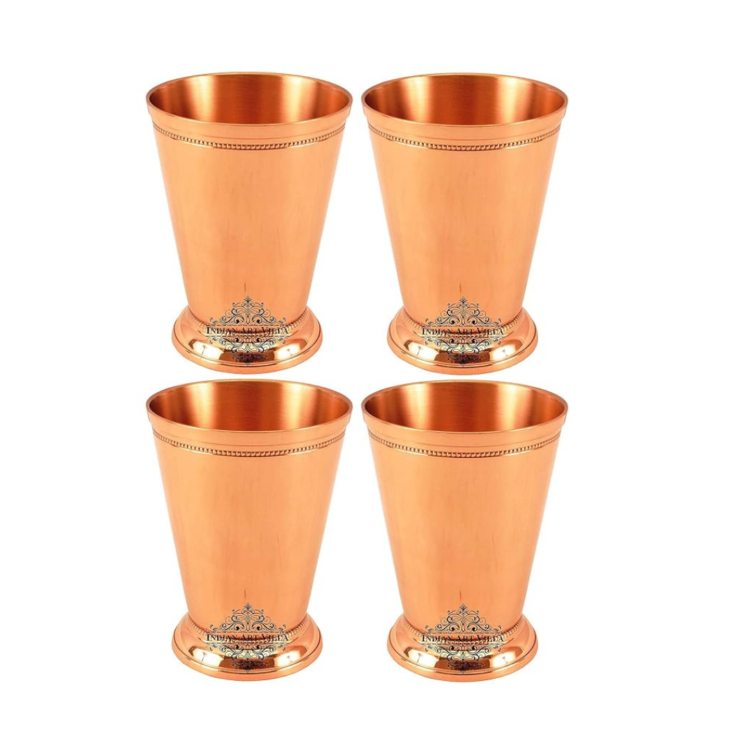 Indian Art Villa Copper Big Top Glass Tumbler Cup with 2 Designer Rings (Pack of 4)