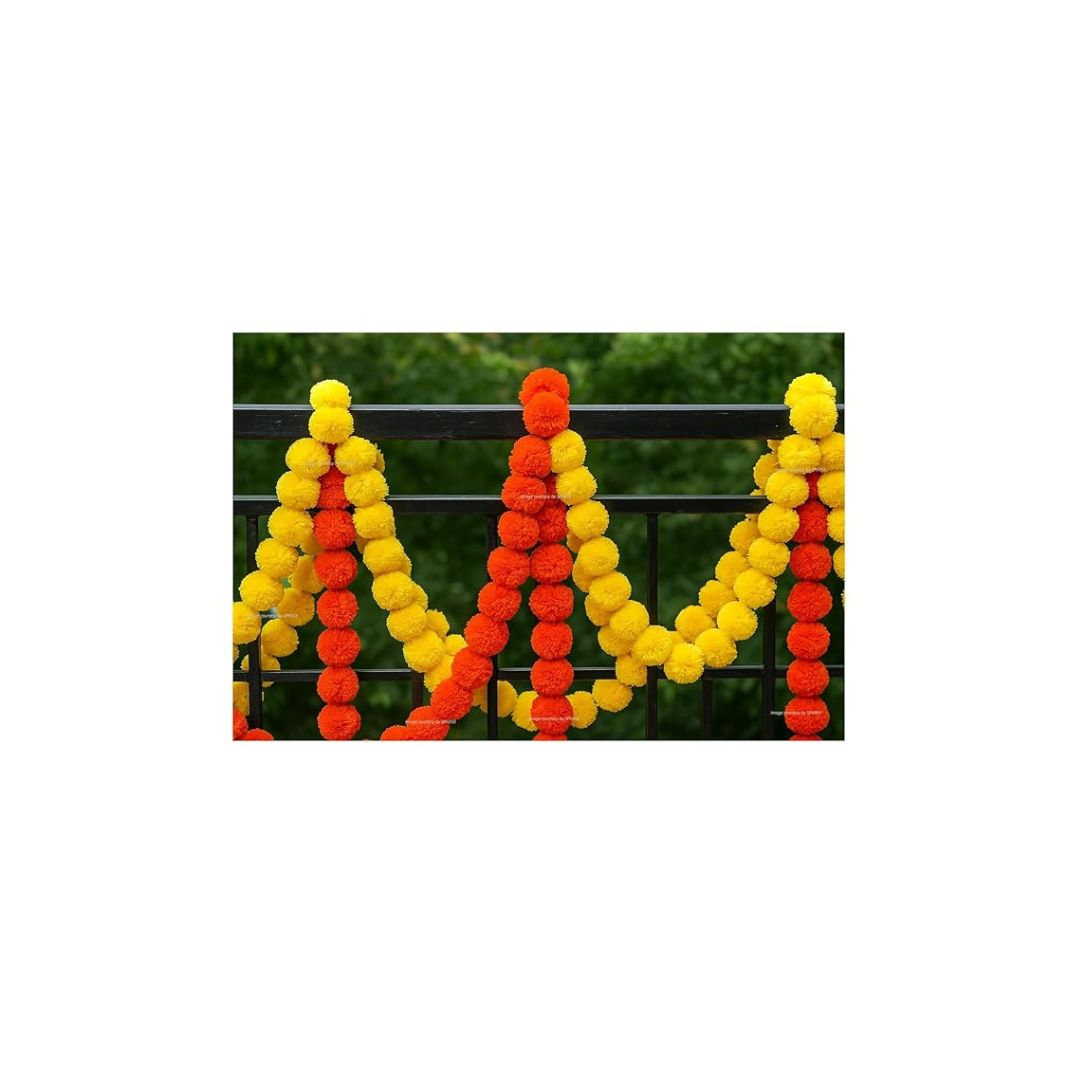 Artificial Fluffy Marigold Flower Garlands 3 Yellow + 3 Orange 6 Pieces
