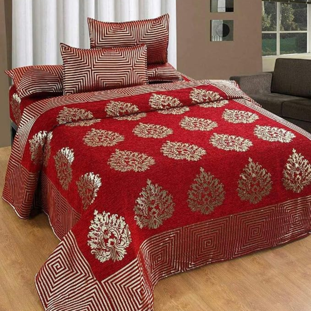 Fresh From Loom Chenille Velvet 500 TC Double Bed King Size Bedsheet with 2 Pillow Covers Jhumka Red