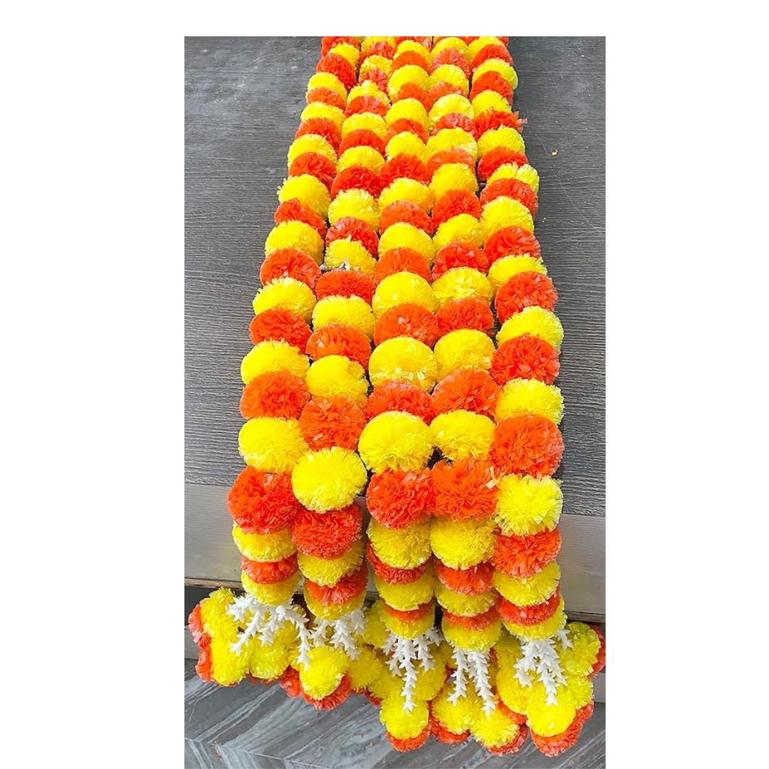 Artificial Marigold Fluffy Flowers Garlands Clustered Yellow and Orange Marigolds 5 pcs