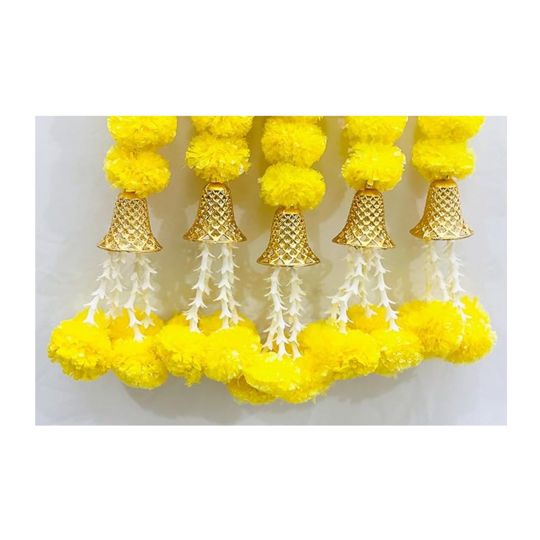 Artificial Marigold Fluffy Flowers Garlands Clustered Yellow Marigolds offwhite tuberoses with Bells