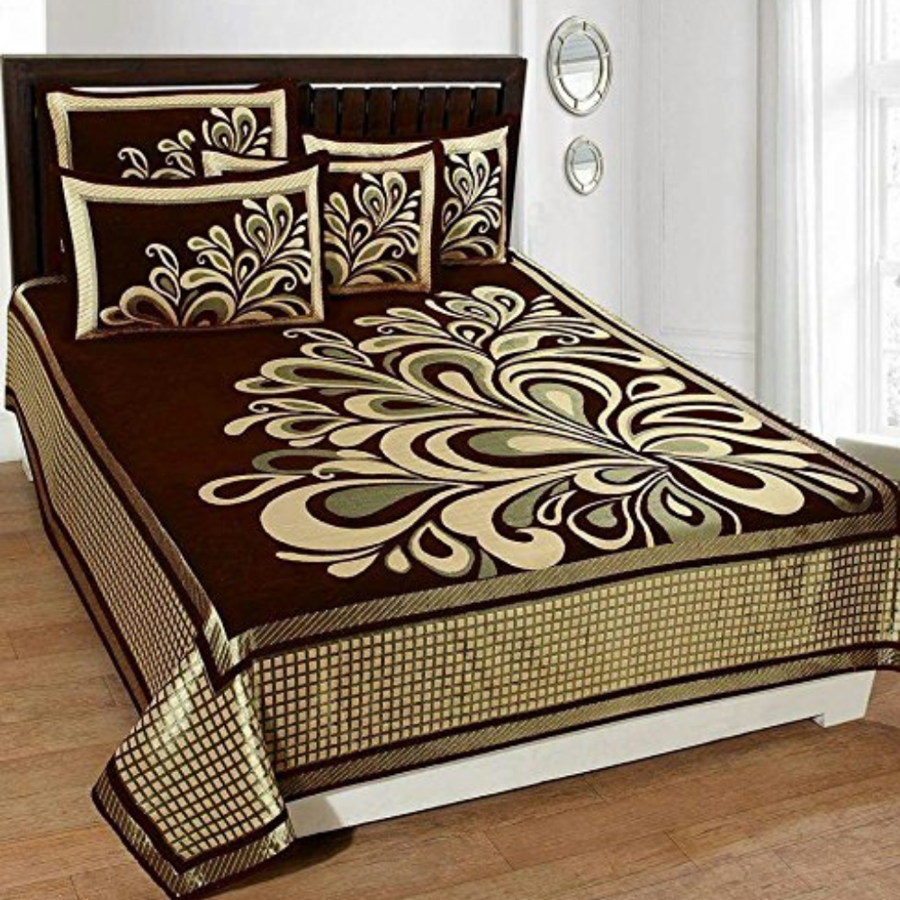 Fresh From Loom Chenille Velvet 500 TC Bed Cover 1 Double Bed King Size Bedsheet with 2 Pillow Cover Rangoli Brown
