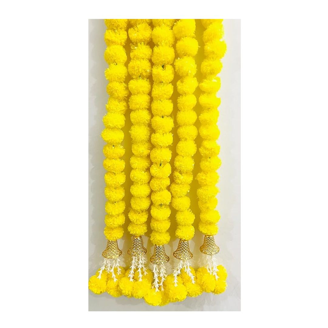 Artificial Marigold Fluffy Flowers Garlands Clustered Yellow Marigolds offwhite tuberoses with Bells