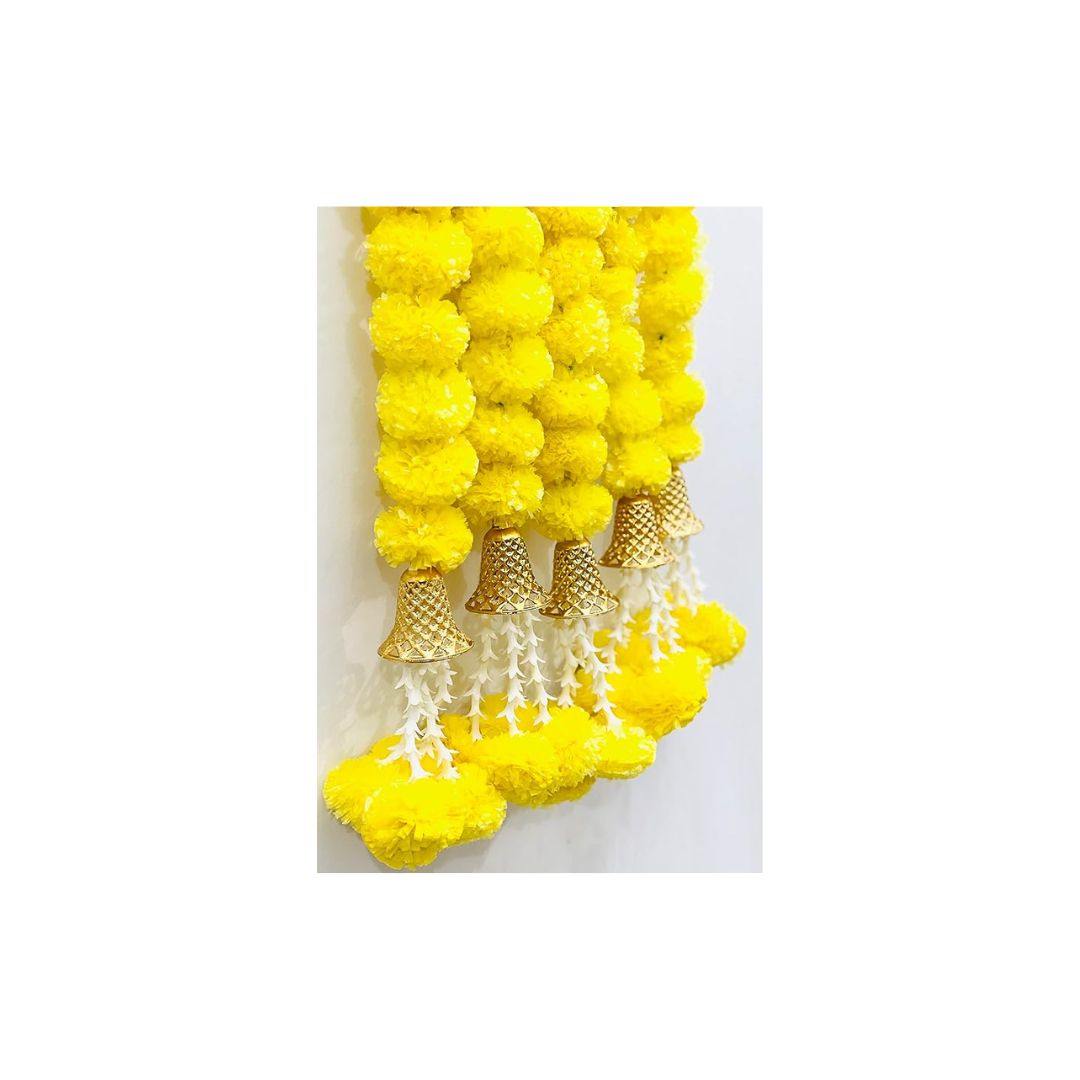 Artificial Marigold Fluffy Flowers Garlands Clustered Yellow Marigolds offwhite tuberoses with Bells